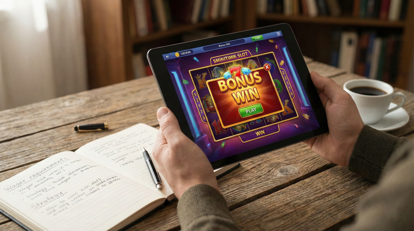 Человек держит планшет с открытым игровым слотом и уведомлением Bonus Win на экране, рядом на деревянном столе лежит открытый блокнот с записями Wager requirements и ручка.